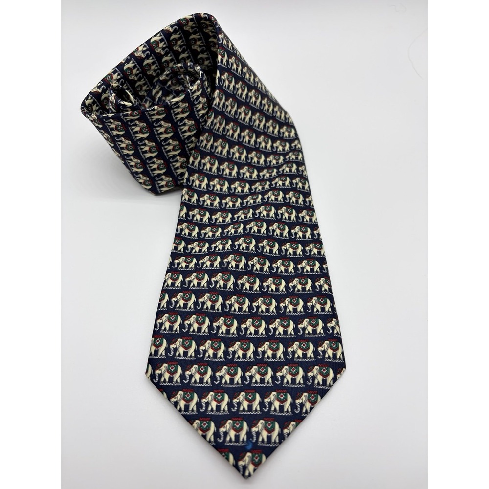 Rene Chagal, Hand Made Silk Neck Tie Navy, White Ornate Elephant Pattern